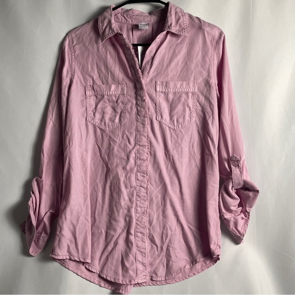 NWT CHICOS 0 Touch Cool Fringe Hem Button Up Shirt Sm Lavender Rose Pink Denim - Picture 2 of 8